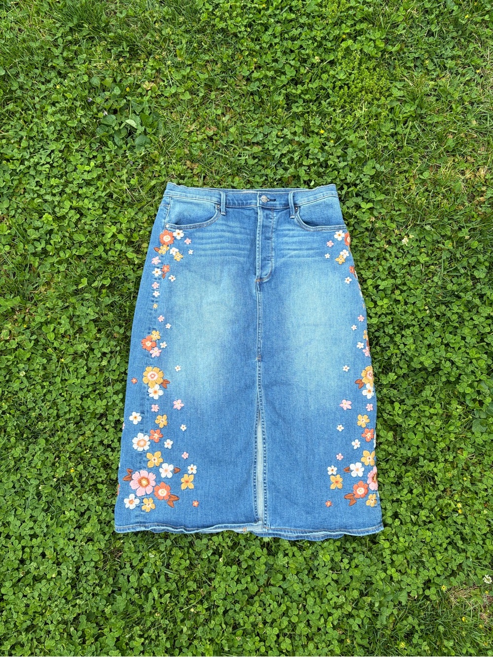 Driftwood Blue Denim Floral-Embroidered Midi Skirt